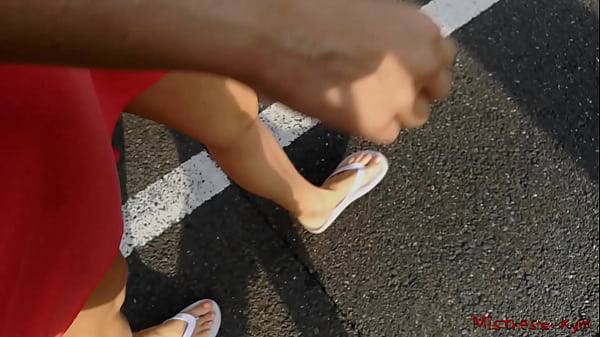 Mistress walking bare feet (flip flops) in public with submissive – outdoor POV